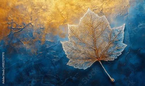 A delicate leaf's veins radiate out like a frozen firework beneath the icy surface, set against a deep blue and golden backdrop that captures the essence of a chilly autumn dusk photo