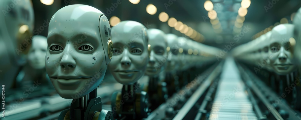 A line of identical human-like faces being produced on a factory conveyor belt. Free copy space for text. A line of identical human-like faces being produced on a factory conveyor belt. Free copy space for text.