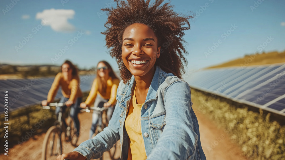 african american brunette woman with afro hair riding a bicycle with friends in a solar panel park, emphasizing renewable and sustainable energy that is friendly to the environment