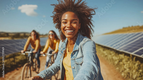 Obraz na płótnie african american brunette woman with afro hair riding a bicycle with friends in a solar panel park, emphasizing renewable and sustainable energy that is friendly to the environment w salonie