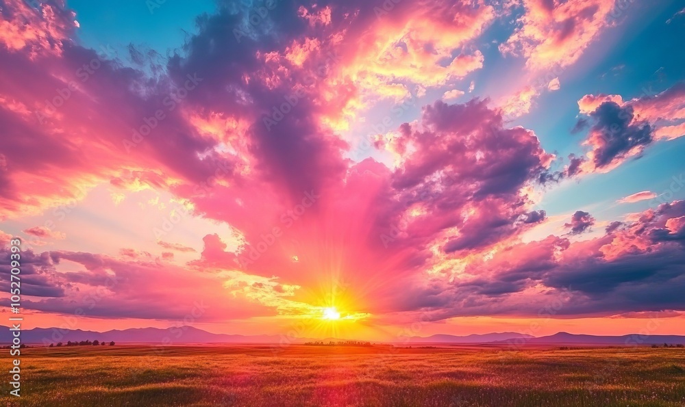 A stunning display of a colorful sky with soft, fluffy clouds during sunset or twilight above an open landscape
