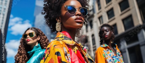 Three young women in sunglasses, fashionable clothing, and stylish earrings are walking down a city street.