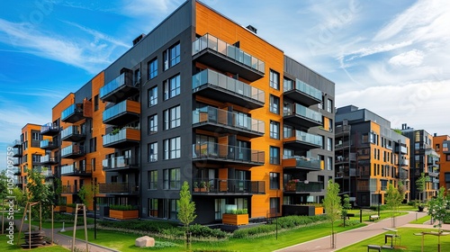 Modern apartment complex with black and orange exterior and balconies overlooking a green lawn.