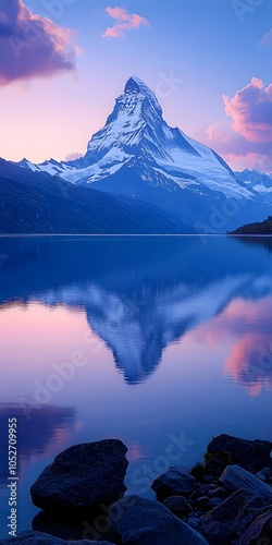 A breathtaking view of the Matterhorn at twilight, showcasing its majestic peaks reflected in the calm waters of a serene lake, surrounded by soft pastel clouds.