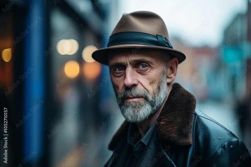 Portrait of an old man with hat and coat on the street Portrait of an old man with hat and coat on the street