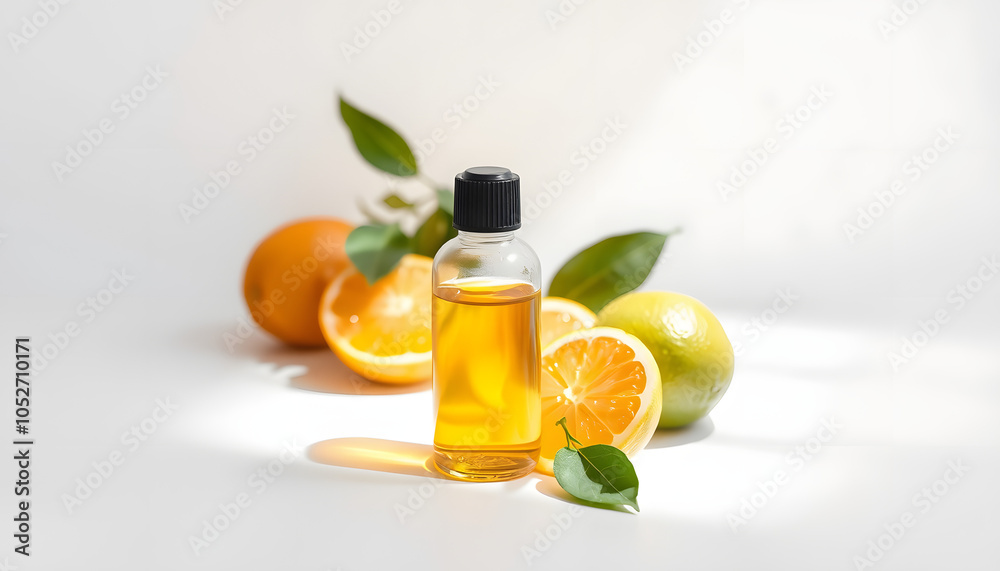 Composition with bottle of essential oil and fresh citrus fruits on light background isolated with white highlights, png Composition with bottle of essential oil and fresh citrus fruits on light background isolated with white highlights, png