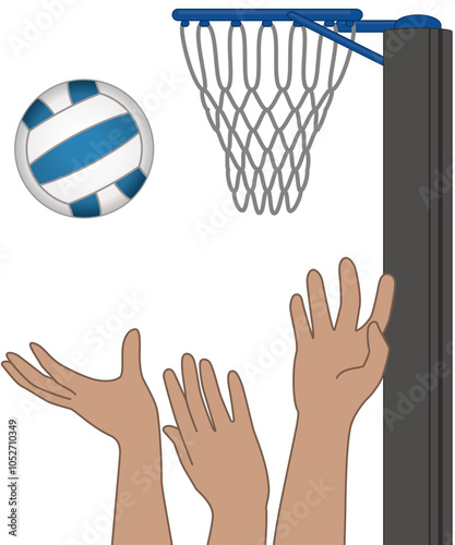 netball, female hands aiming ball and defending the goal ring isolated on a white background