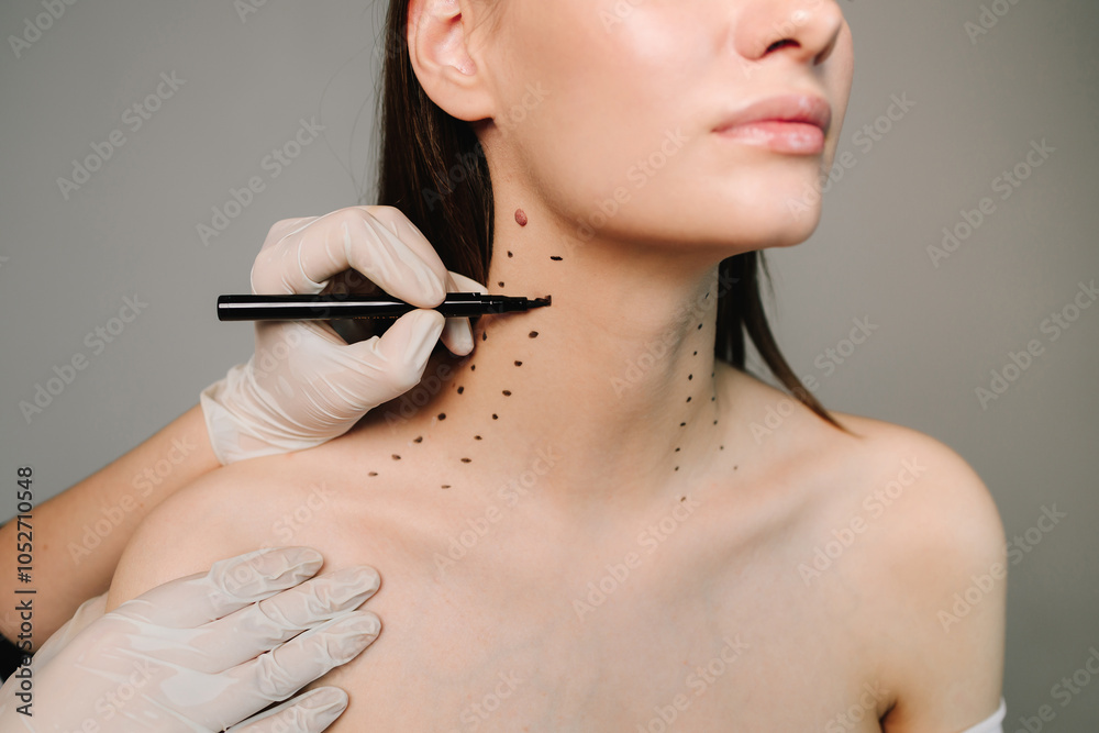 Obraz premium Mark up before Nefertiti lifting. Cosmetologist is drawing dotes before botulinum toxin injection in platysma of a woman. Improving neck by a professional. Female aesthetic cosmetology.