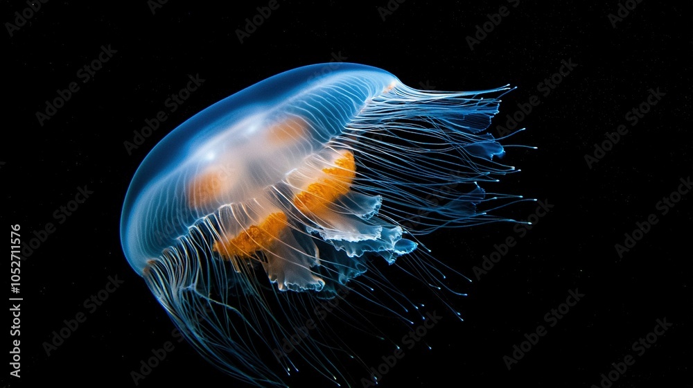 Fototapeta premium Close-up image of a jellyfish against dark backdrop with center yellow spot on jellyfish's head