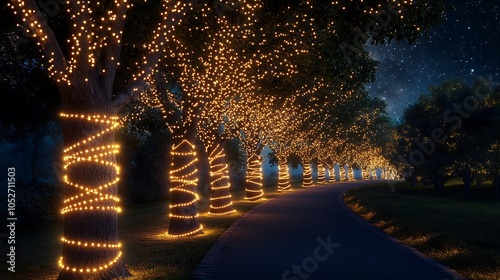 Glittering festival lights wrapped around trees lining a pathway under a starlit sky photo