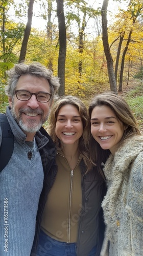 Smiling Friends Enjoying a Fall Day in the Woods