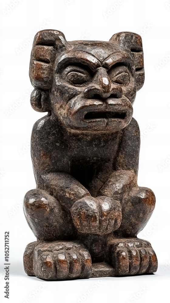A carved wooden sculpture of a mythical being with a fierce expression. The sculpture is dark brown and has intricate details. A carved wooden sculpture of a mythical being with a fierce expression. The sculpture is dark brown and has intricate details.