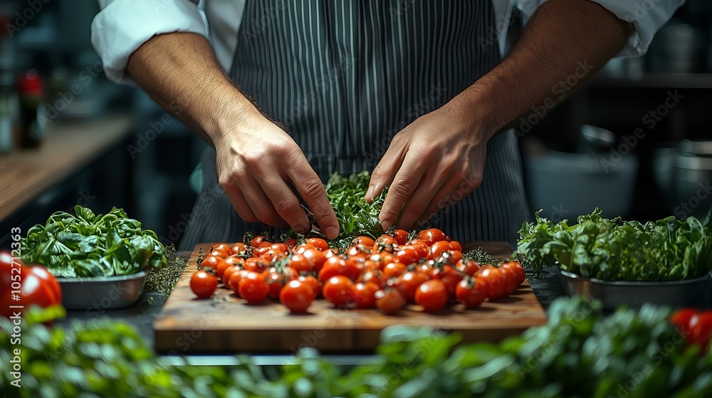 Chef preparing fresh tomatoes and herbs in a bustling kitchen during evening service Chef preparing fresh tomatoes and herbs in a bustling kitchen during evening service