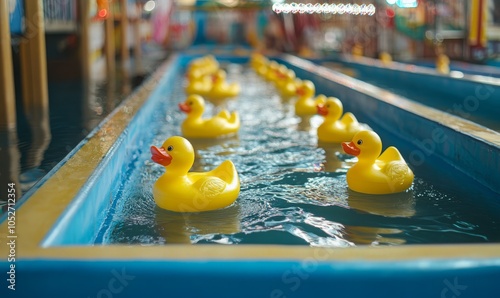 Amusement park fishing game has yellow rubber ducks in pool for kids photo