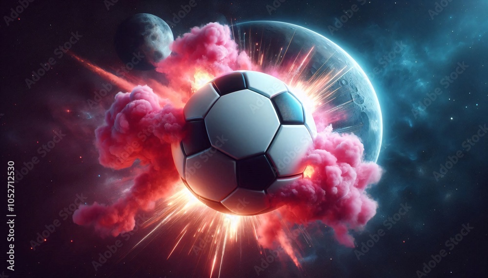Naklejka premium A photorealistic soccer ball depicted as a planet in space, surrounded by pink smoke and explosions, with two moons visible in the background; digital art.