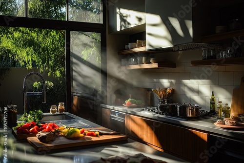 Background image of a modern kitchen with sunlight and fresh vegetables
