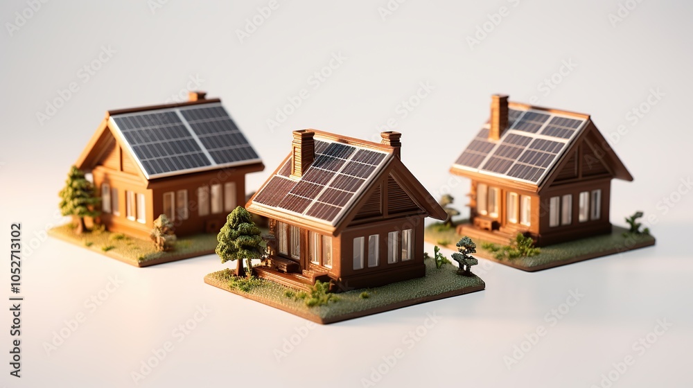 Three small wooden houses with solar panels on their roofs, set on a white background.