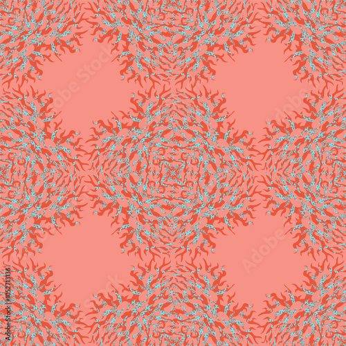 Wavy ornate seamless pattern with ornamental abstract form of trendy calming corals in repeated rhythm on coral color background.