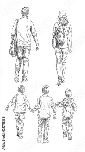 Family Walking Together: Sketch Illustration of Parents and Children