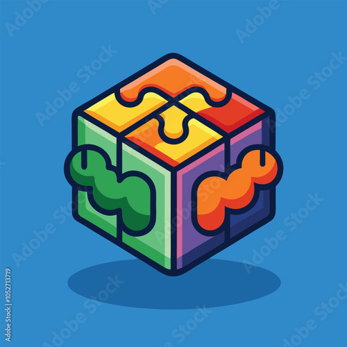 Colorful puzzle cube with abstract shapes.
