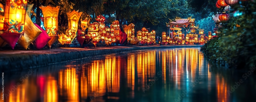 Obraz premium Vibrant glowing festival lanterns reflected in a calm river lined with glowing decorations
