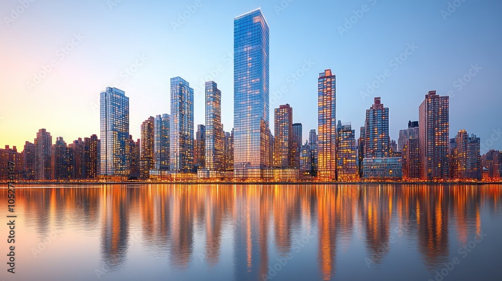 Obraz premium Modern cityscape skyline reflecting on calm water at sunrise.