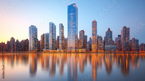 Modern cityscape skyline reflecting on calm water at sunrise.