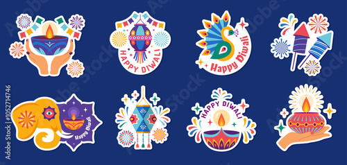 Diwali badges. Traditional festival of lights conceptual stickers or badges recent vector fireworks lamps or candles for celebration diwali
