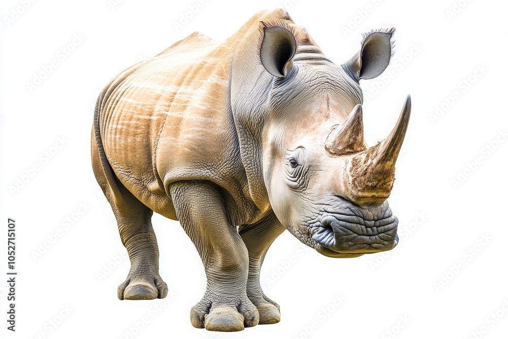 Fototapeta premium A rhinoceros is isolated in the center, displaying its characteristic features and strong physique. The animal appears calm and alert, highlighting its majestic presence in the wild.