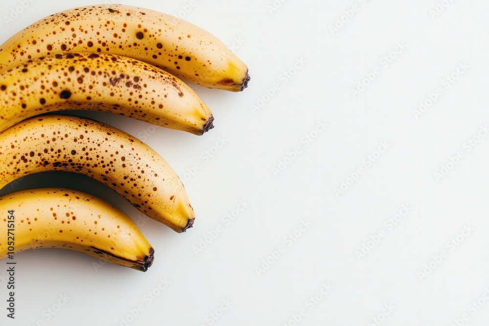 Four ripe bananas with a yellow-brown speckled appearance sit neatly on a clean solid white surface, showcasing their natural colors and freshness, perfect for a healthy snack or recipe. Four ripe bananas with a yellow-brown speckled appearance sit neatly on a clean solid white surface, showcasing their natural colors and freshness, perfect for a healthy snack or recipe.
