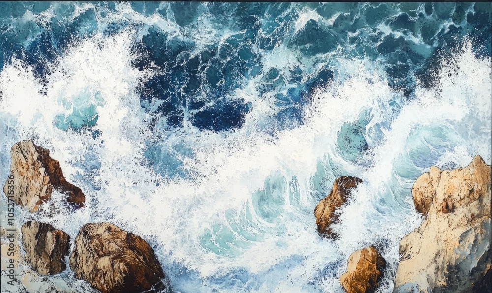 Obraz premium Bird's-eye view of waves crashing on rocks