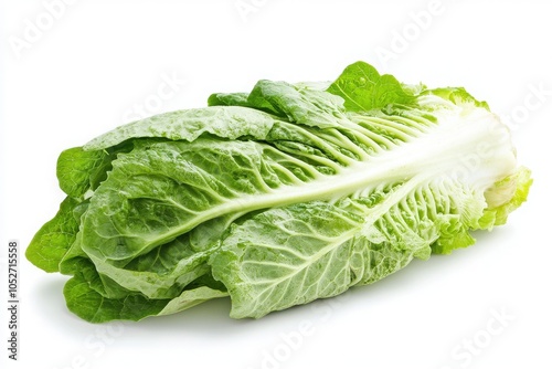 A vibrant romaine lettuce rests on a clean white backdrop, highlighting its fresh, crisp leaves and unique texture. Ideal for salad preparation and healthy meal ideas.