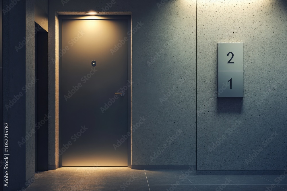 The sleek room number sign indicates floors one and two alongside a modern elevator entrance in a softly lit hallway. The design reflects a minimalist aesthetic in a contemporary building. The sleek room number sign indicates floors one and two alongside a modern elevator entrance in a softly lit hallway. The design reflects a minimalist aesthetic in a contemporary building.