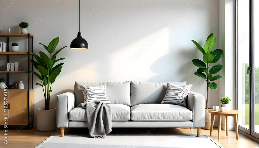 Naklejka premium modern minimalist living room interior The room features a light gray sofa