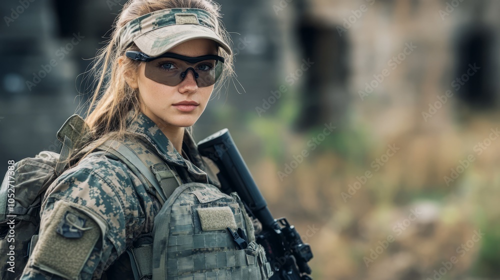 Strong Female Soldier in Tactical Gear with Rifle Strong Female Soldier in Tactical Gear with Rifle