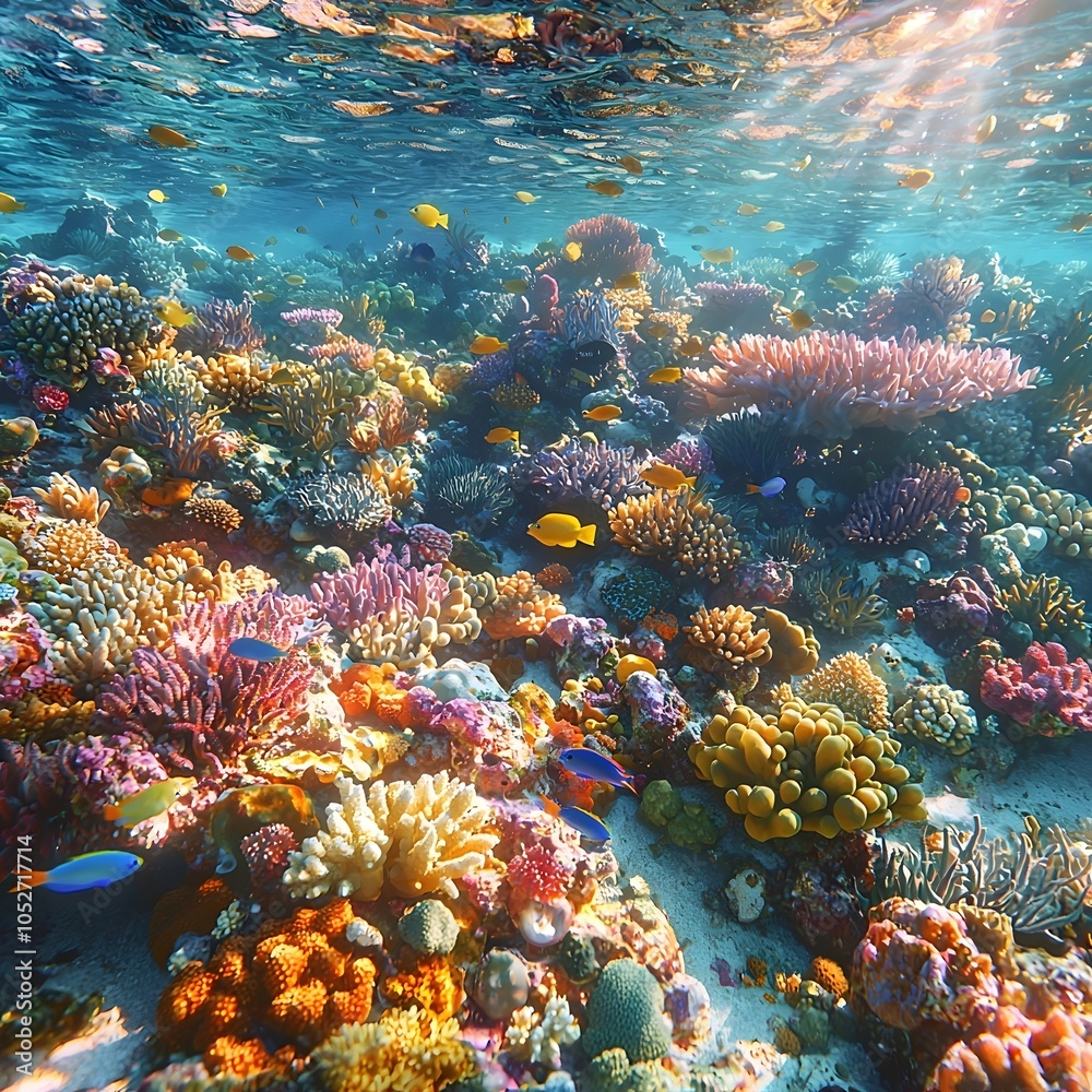 Naklejka premium A vibrant underwater scene showcasing a diverse array of colorful corals and tropical fish in a clear blue ocean, creating a stunning display of marine life.