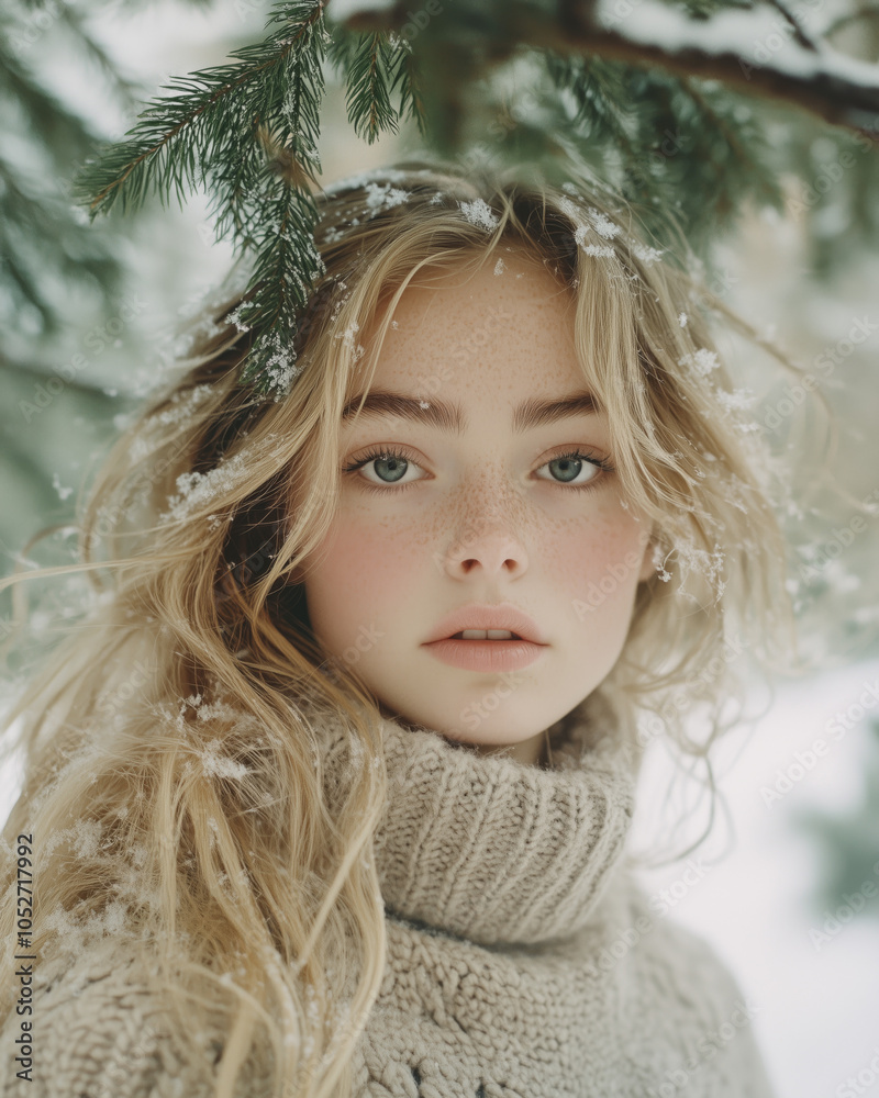 beautiful Freckled blonde girl with wavy hair in wool jumper standing under snowy fir tree in forest - morning winter light, cinematic pastel tones, film beautiful Freckled blonde girl with wavy hair in wool jumper standing under snowy fir tree in forest - morning winter light, cinematic pastel tones, film