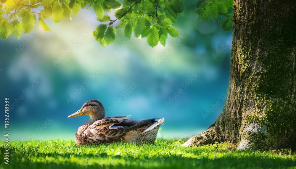 A duck resting under a tree on a sunny day, the tree casting dappled shadows on the grass, w A duck resting under a tree on a sunny day, the tree casting dappled shadows on the grass, w
