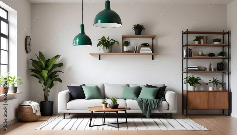 Fototapeta premium modern minimalist living room interior The room features a light gray sofa