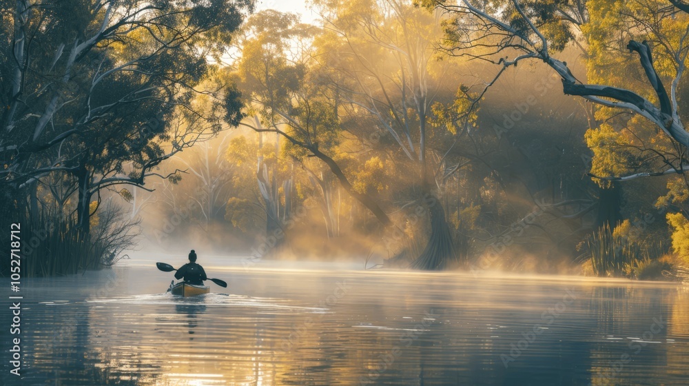 Kayaker on Serene Misty River at Sunrise Kayaker on Serene Misty River at Sunrise
