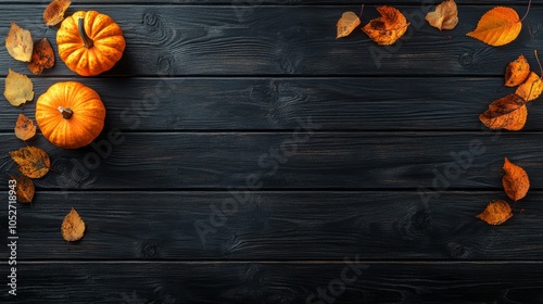 Wallpaper Mural Autumn Harvest: Orange Pumpkins and Fallen Leaves on Rustic Wood Background Torontodigital.ca