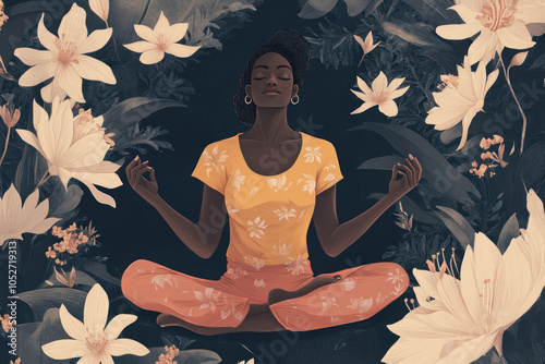 Woman in yellow shirt & orange pants meditates in lotus position among white flowers. photo