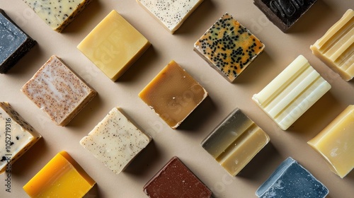 Wallpaper Mural Different Natural soap bars on beige background, flat lay, different shapes and colors, minimalistic presentation Torontodigital.ca