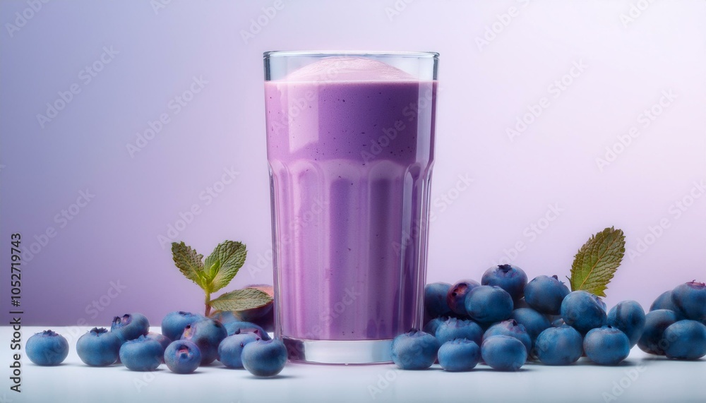 A tall glass of blueberry smoothie with a gradient effect, transitioning from deep purple at A tall glass of blueberry smoothie with a gradient effect, transitioning from deep purple at