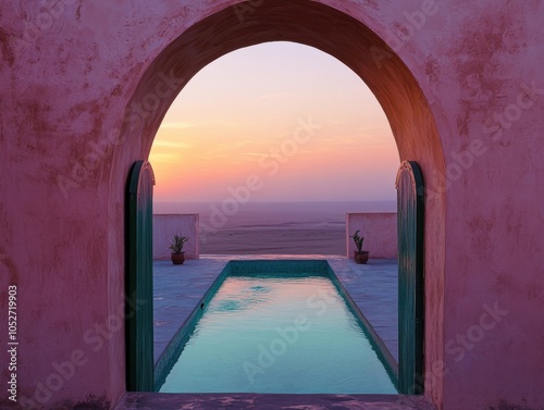 A pool with a green gate and a pink wall. The gate is open. The pool is blue