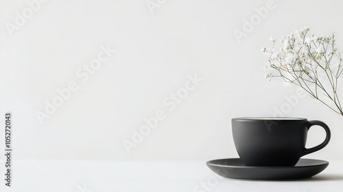 Wallpaper Mural   Black coffee cup and saucer with a white flower in a vase next to white table Torontodigital.ca