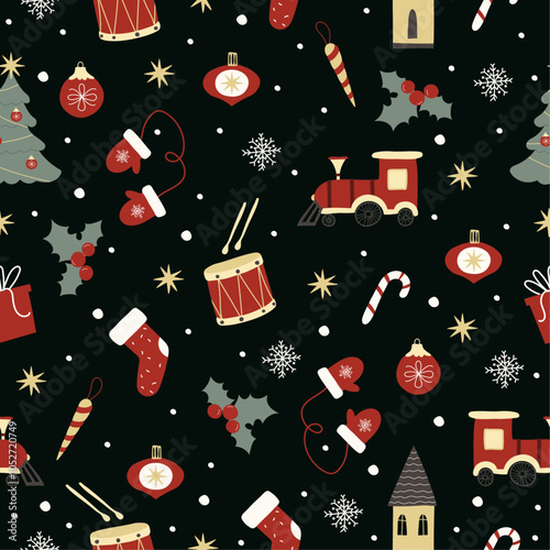 Seamless vector pattern with Christmas toys on dark green background. New Year doodle style elements. Winter backdrop with mittens, baubles and stockings for paper and textile