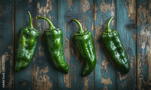 Close up of fresh Poblanos on a rustic wooden Table photo