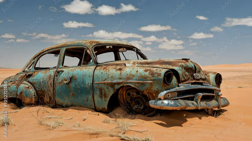 A rusted car sits abandoned in the desert sand under a clear blue sky