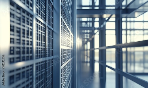 Close up of modern architecture in an industrial or office building with a metal wall glass door and a hi tech geometric steel structure featuring rectangles and parallel lines